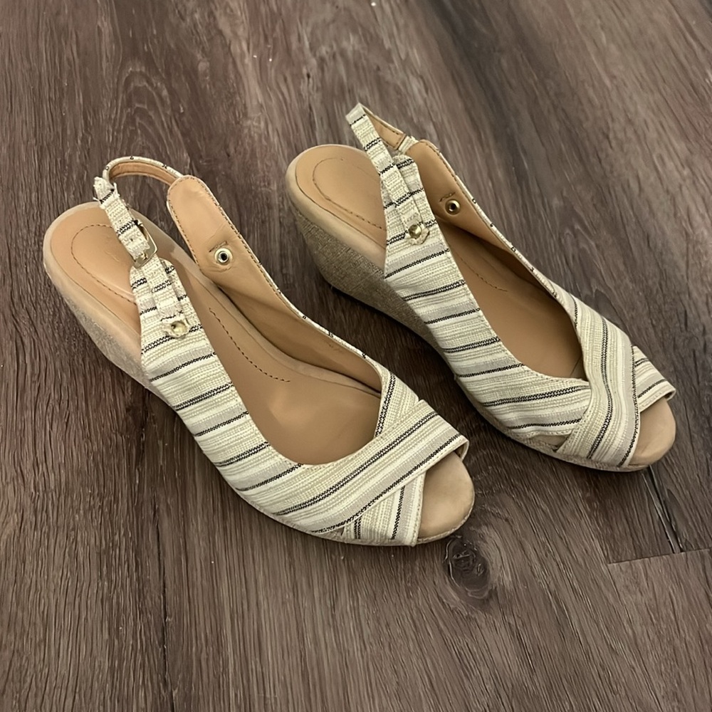 Striped Slingback Peep-Toe Wedges Size 8